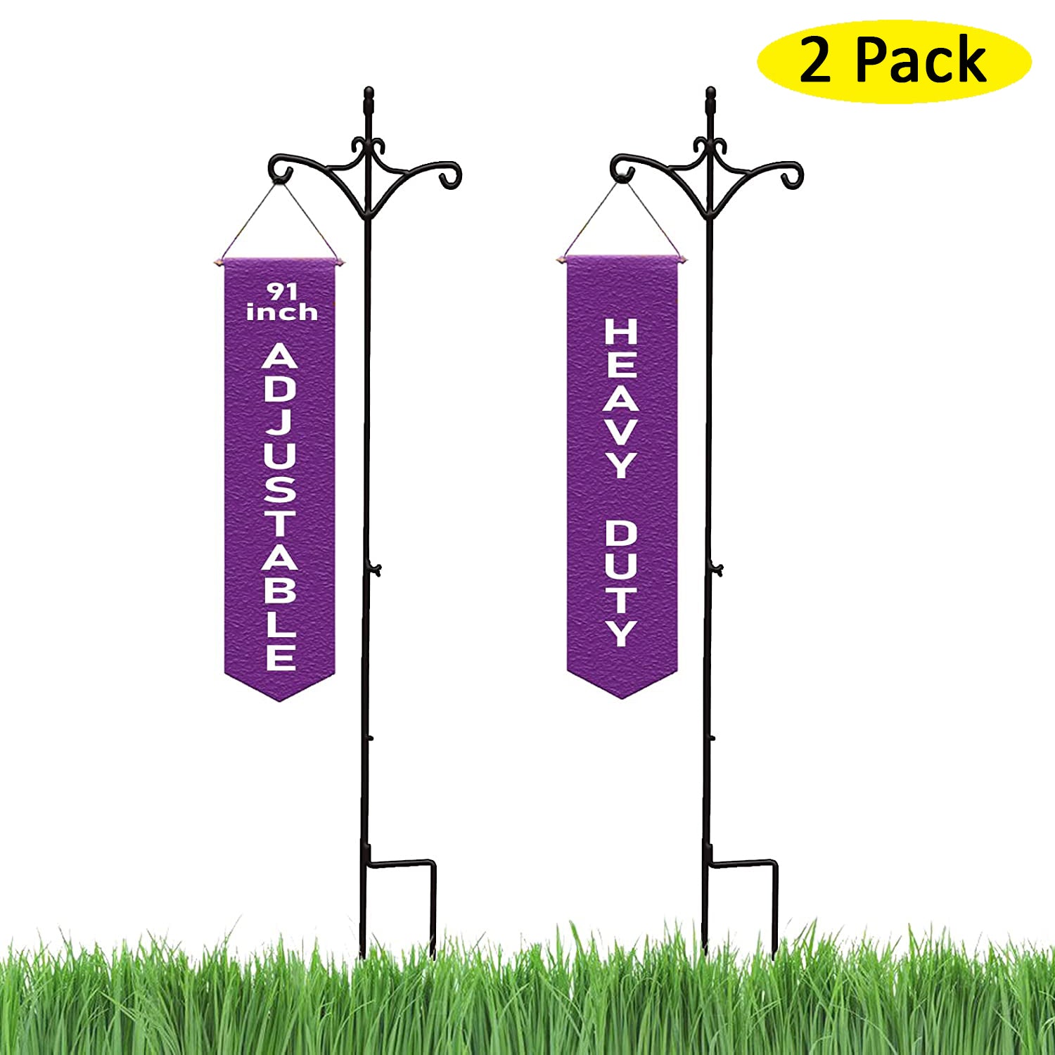 heavy duty plant hanger pole Ashman Adjustable Steel Ground Shepard's Hook 91 Inch 2 Sided, Black, 2 Pack