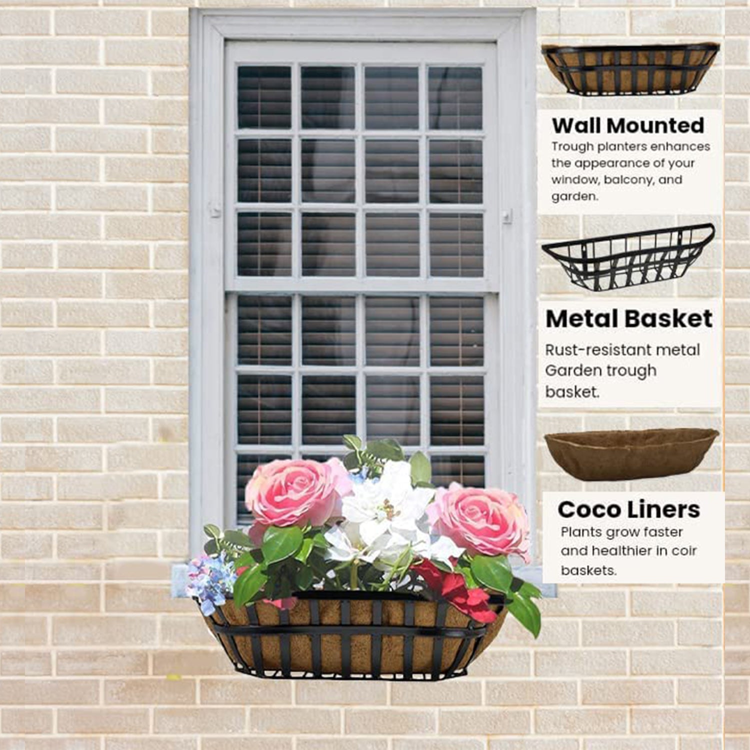 railing window box planters Ashman Trough 1 Pack, Deck Railing Planter Box, Black, Metal Garden Trough Deck Planter with Coco Liners