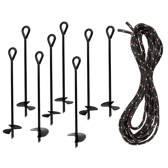 Ashman Black Ground Anchor (8 Pack) 15 Inches in Length and 10MM Thick in Diameter with 65 Feet of Rope