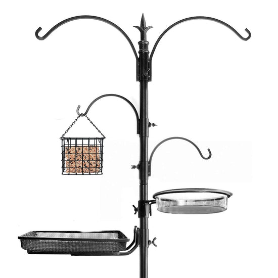 Ashman Bird Feeding Station, (Bird Station 5 Prongs with Hanging Suet Feeder), 22" Wide x 91" Tall with Top Hook, Two Small Arms and Water Dish, Hanging Suet Cage Bird Feeder Stand