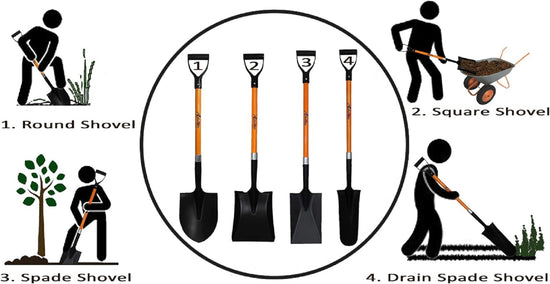 Ashman 4 Various Assorted Shovels 41 in. Long D Handle Grip-Metal Round, Square, Drain Spade and Spade Shovel (4-Piece)