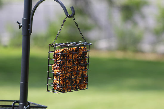 Ashman Bird Feeding Station, (Bird Station 5 Prongs with Hanging Suet Feeder), 22" Wide x 91" Tall with Top Hook, Two Small Arms and Water Dish, Hanging Suet Cage Bird Feeder Stand