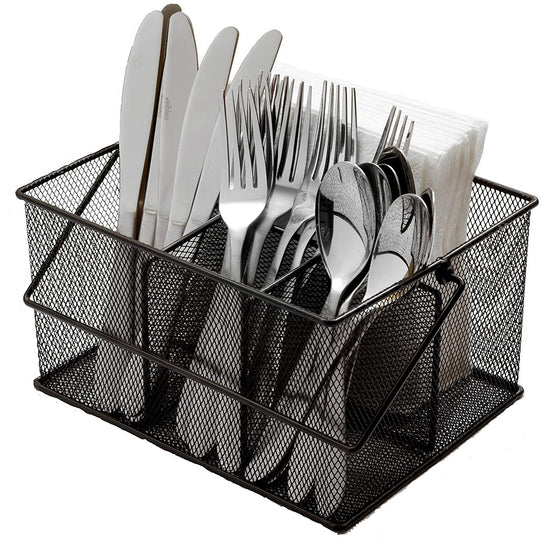 Ashman Silverware Caddy - Flatware, Cutlery, and Utensil Organizer with Napkin Holder & Condiments for Kitchen, Dining, Outdoors - Black Steel Mesh