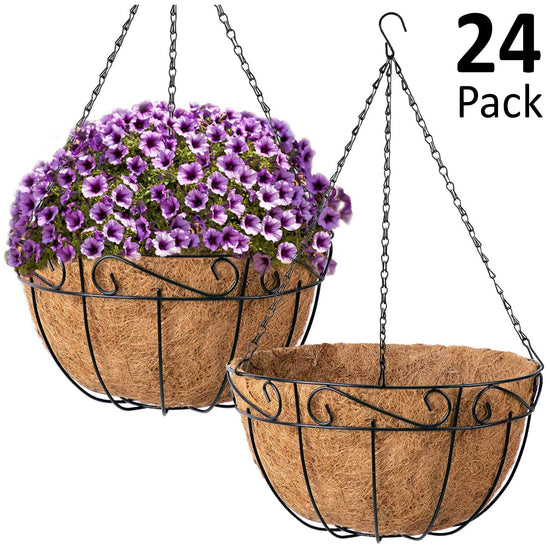 Ashman Metal Hanging Planter Basket with Coco Coir Liner Round Wire Plant Holder Chain, Porch Décor, Indoor & Outdoor Garden Decoration, (24 Pack)