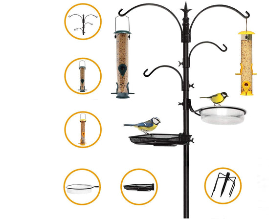 Premium Bird Feeding Station with 2 Bird Feeders Included for Outside - Multi Feeder Pole Stand Kit with 4 Hangers, Bird Bath and 5 Prong Base for Attracting Wild Birds - 22 Inch Wide x 92 Inch Tall.