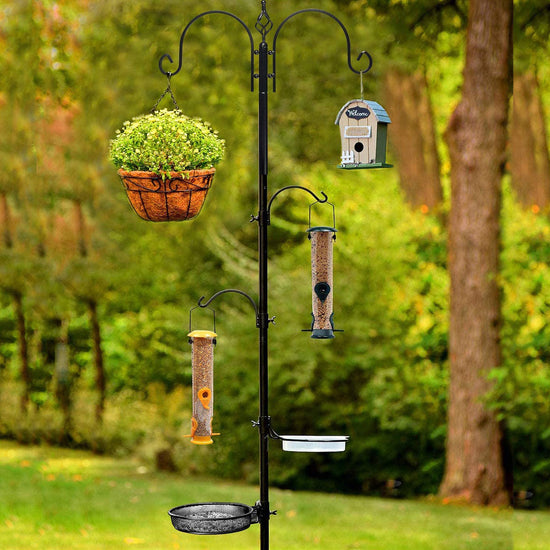 Deluxe Bird Feeding Station with 2 Bird Feeders Included for Outside - Multi Feeder Pole Stand Kit with 4 Hangers, Bird Bath and 5 Prong Base for Attracting Wild Birds - 22 Inch Wide x 92 Inch.