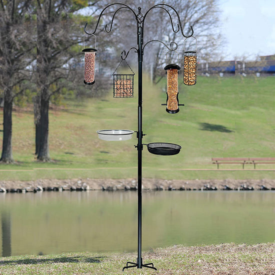 Ashman Deluxe Premium Bird Feeding Station, 22" Wide x 91" Tall (82 inch Above Ground) Black with 4 Multiple Hooks and 4 Bird Feeders Hanging Kit.