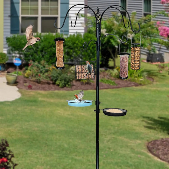 Ashman Deluxe Premium Bird Feeding Station, 22" Wide x 91" Tall (82 inch Above Ground) Black with 4 Multiple Hooks and 4 Bird Feeders Hanging Kit.