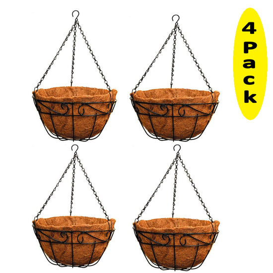 Ashman Metal Hanging Planter Basket with Coco Coir Liner Round Wire Plant Holder Chain for Garden Decoration Indoor Outdoor, Hanging Baskets (4 Pack)