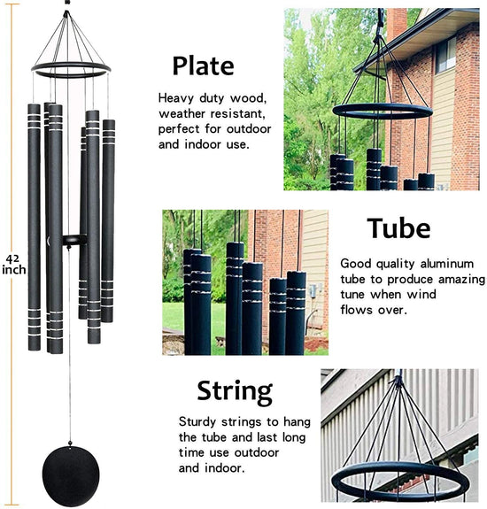 Ashman 42 inch Black Wind Sympathy Chimes with 5 Copper Vein Tubes - Tuned Relaxing Melody Gift Décor for Patio, Garden, Home, Balcony.