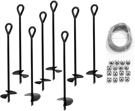 Ashman Ground Anchor with 100 Feet of Galvanized Wire with Clamps – Ideal for Securing Animals, Tents, Canopies, Sheds, Swing Sets,– Pack of 8