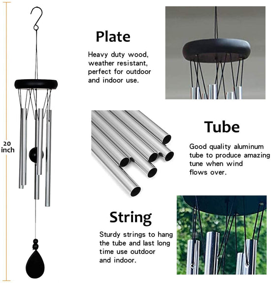 Ashman 20 inch Large Deep Tone Sympathy Silver color Wind Chimes with 5 Copper Vein Tubes - Tuned Relaxing Melody Gift Décor for Indoor and Outdoor.