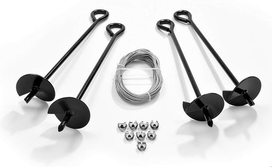 Ashman Ground Anchor with 50 Feet of Galvanized Wire with Clamps – Ideal for Securing Animals, Tents, Sheds, Swing Sets - Pack of 4