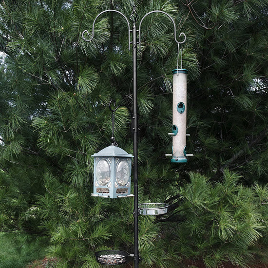 Deluxe Bird Feeding Station (2 Pack) for Outside - Multi Bird Feeder Pole Stand Kit with 4 Hangers, Bird Bath and 3 Prong Base- 22" Wide x 92" Tall
