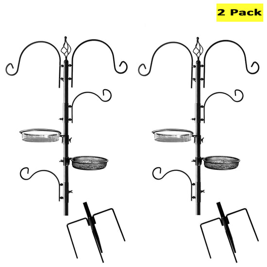 Deluxe Bird Feeding Station (2 Pack) for Outside - Multi Bird Feeder Pole Stand Kit with 4 Hangers, Bird Bath and 3 Prong Base- 22" Wide x 92" Tall