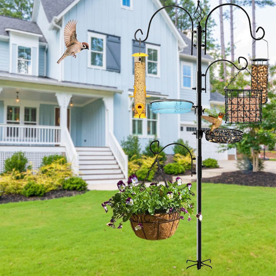 Ashman Deluxe Bird Feeding Station (1 Pack) Bird Feeders for Outside - Multi Feeder Pole Stand Kit with 4 Hangers, Bird Bath and 3 Prong Base for Attracting Wild Birds - 22 Inch Wide x 92 Inch Tall.