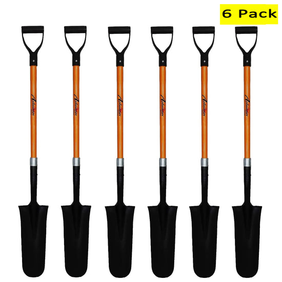 Ashman Drain Spade Shovel (6 Pack) - 48 Inches Long Handle Spade with D Handle Grip - Durable Handle with a Thick Metal Blade - Multipurpose Premium Quality Orange Shovel.