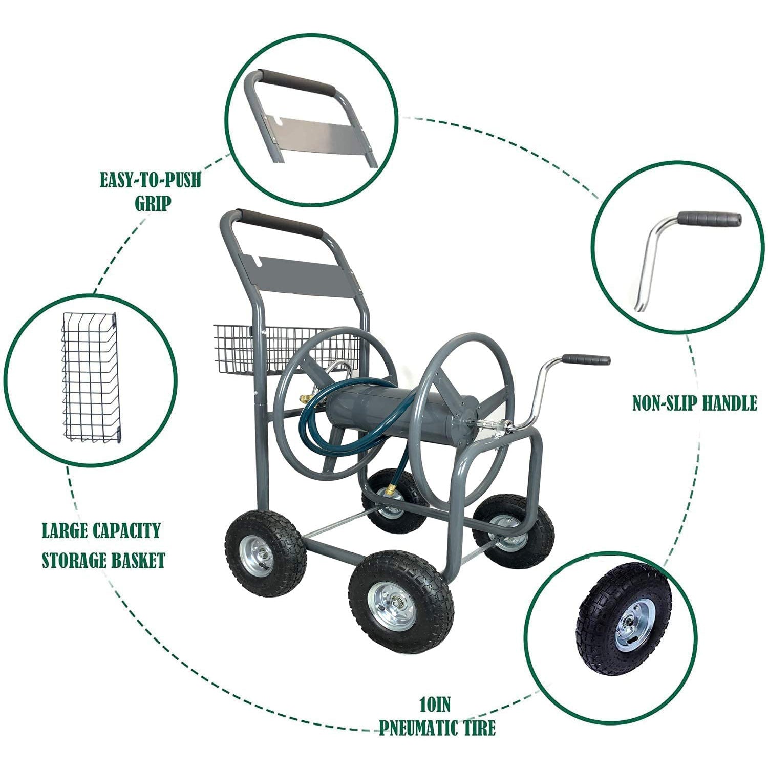 Ashman Garden Hose Reel Cart - 4 Wheels Portable Garden Hose Reel Cart with  Storage Basket Rust Resistant Heavy Duty Water Hose Holder.