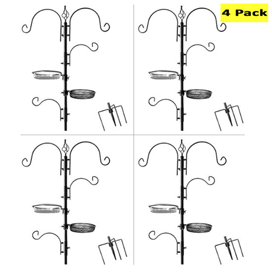 Deluxe Bird Feeding Station (4 Pack) Bird Feeders for Outside - Multi Feeder Pole Stand Kit with 4 Hangers, Bird Bath and 3 Prong Base for Attracting Wild Birds - 22 Inch Wide x 92 Inch Tall.